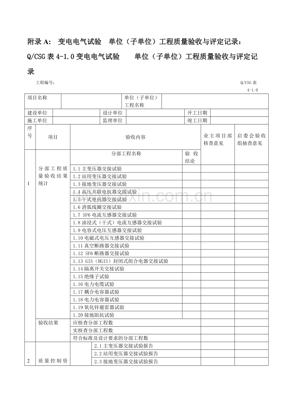 《10kV～500kV输变电及配电工程质量验收与评定标准》(2012版)-变电电气试验验评表.doc_第1页