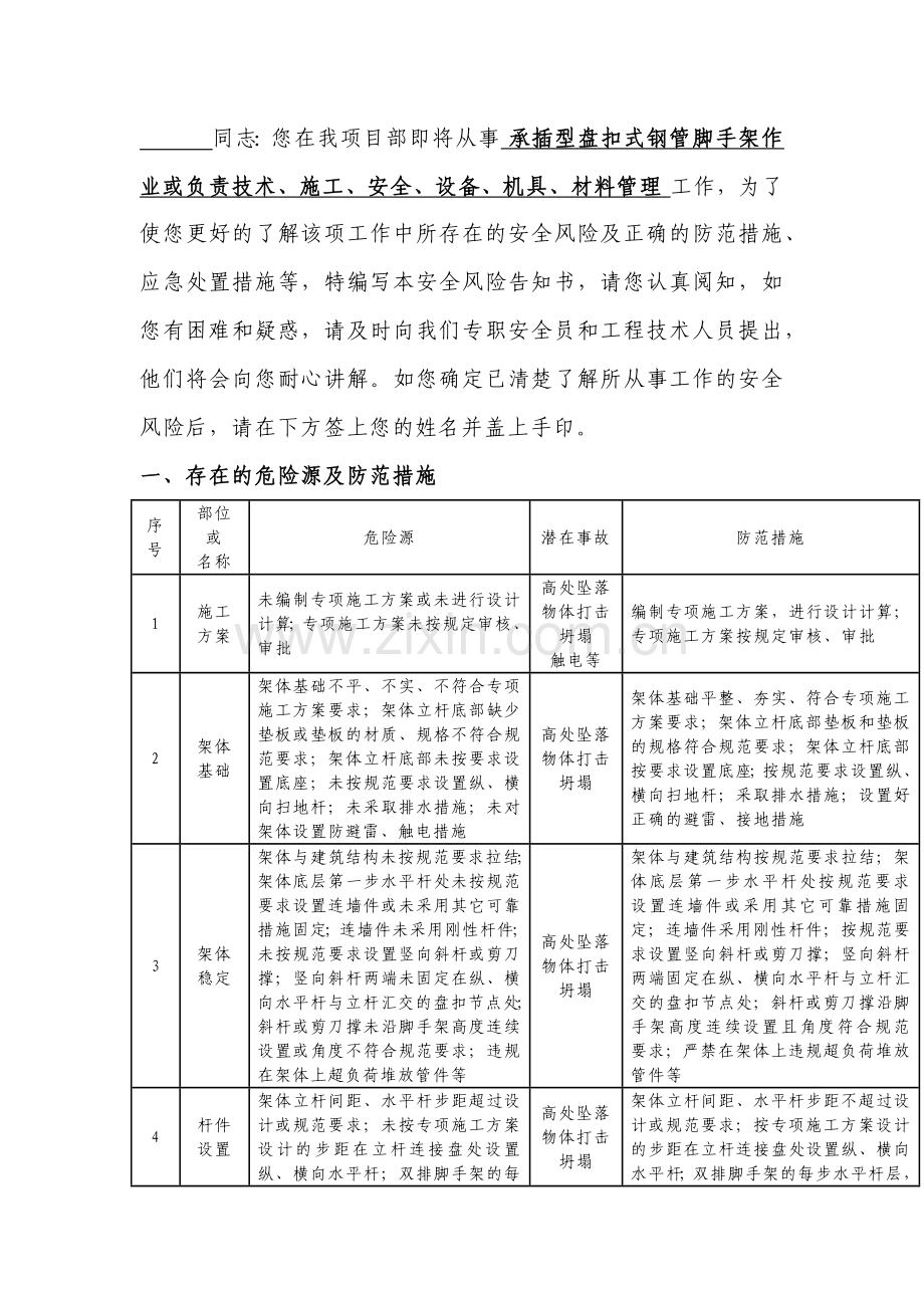 盘扣式钢管脚手架工程安全风险告知书.docx_第1页