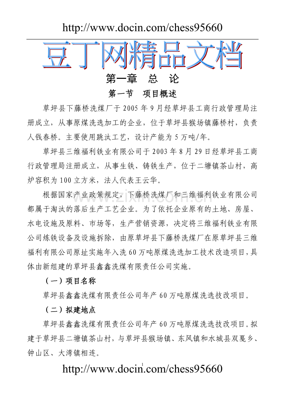 年入洗原煤60万吨技改工程项目建设投资可行性研究报告.doc_第1页