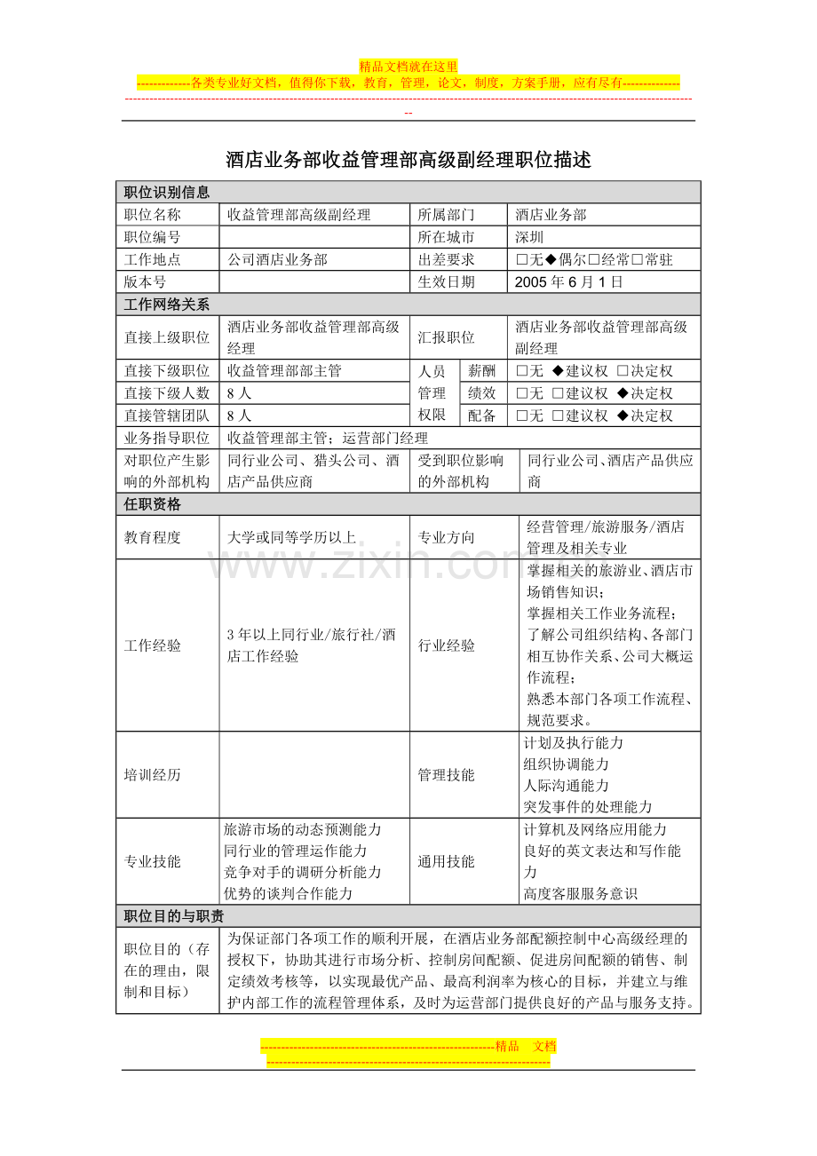 酒店业务部收益管理部高级副经理职位描述.doc_第1页