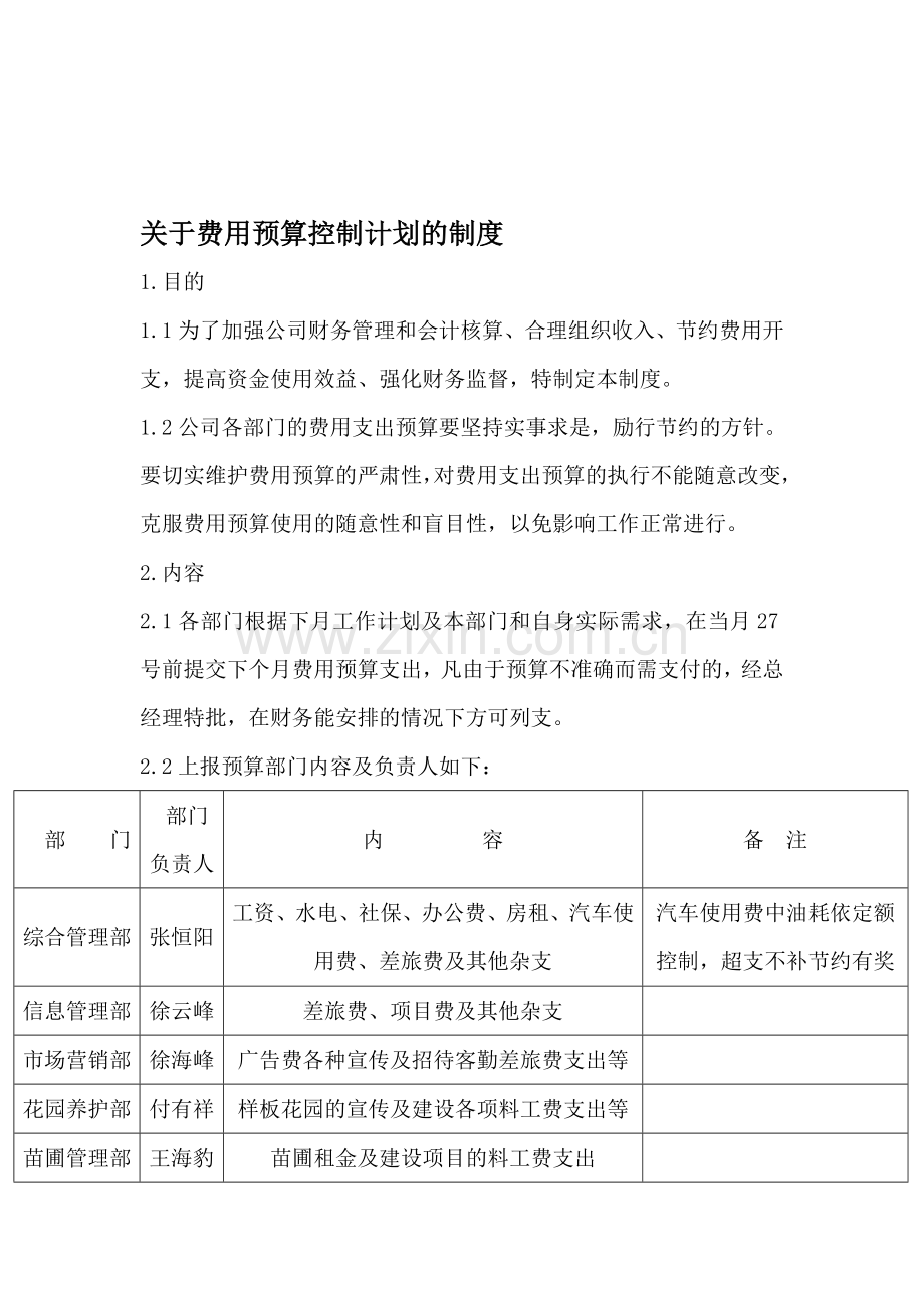 关于费用预算控制计划的制度.doc_第1页