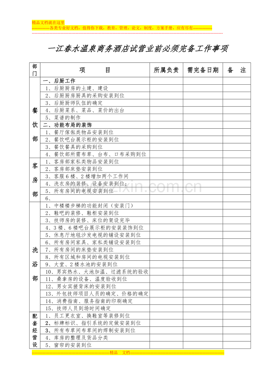 一江春水温泉商务酒店试营业前必须完备工作事项.doc_第1页