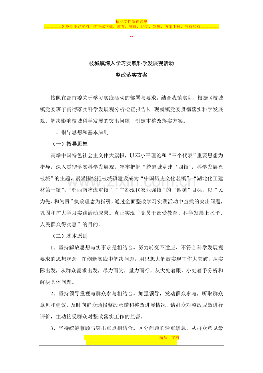 枝城镇深入学习实践科学发展观活动整改落实方案.doc_第1页