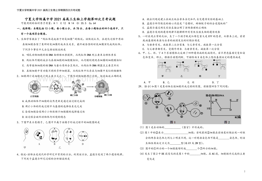 宁夏大学附属中学2021届高三生物上学期第四次月考试题.doc_第2页