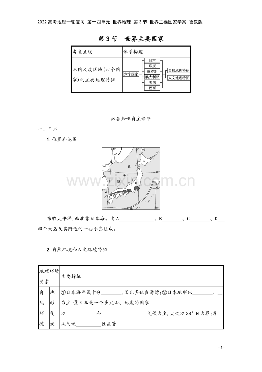 2022高考地理一轮复习-第十四单元-世界地理-第3节-世界主要国家学案-鲁教版.docx_第2页