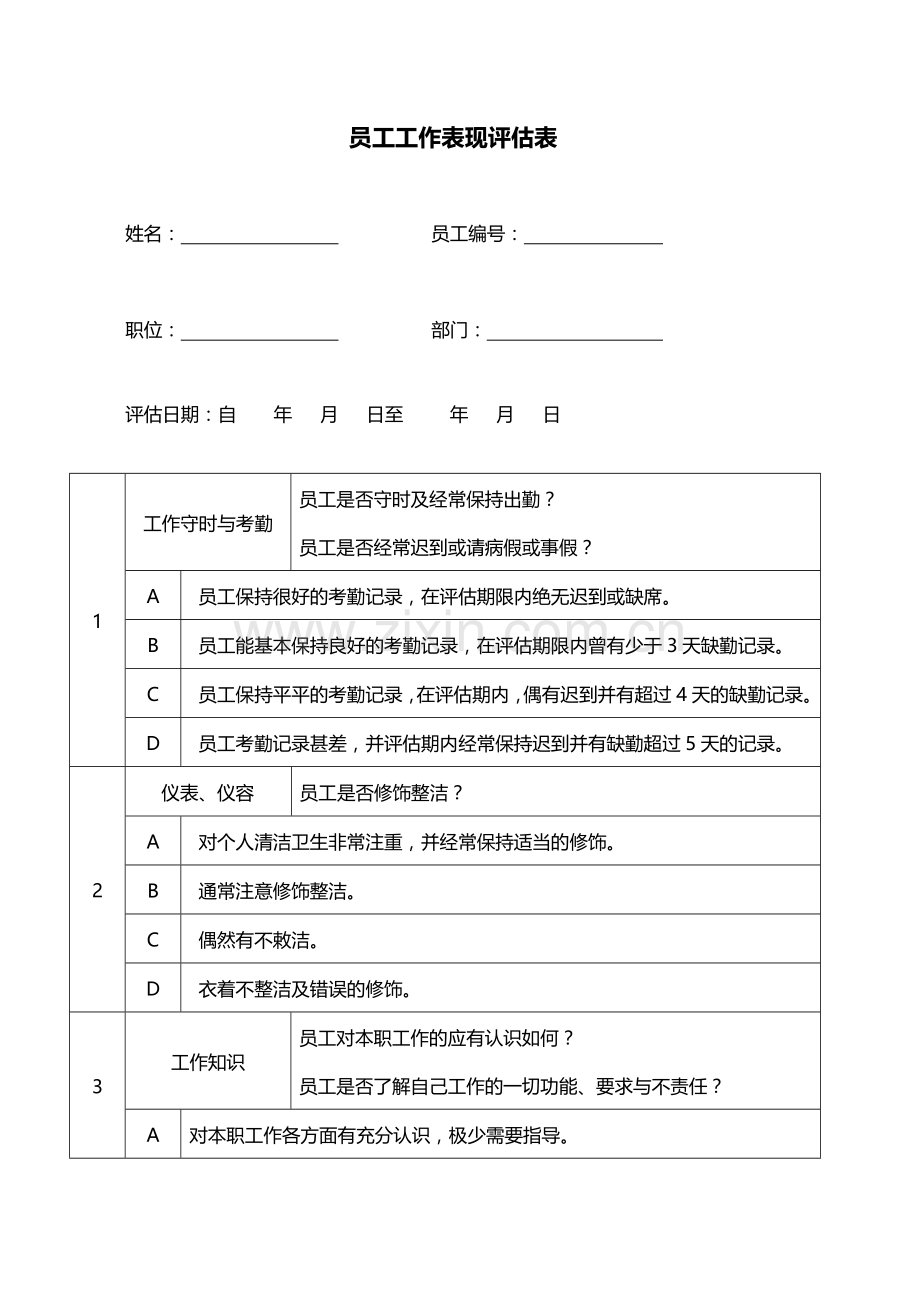 员工工作表现评估表(定).doc_第1页