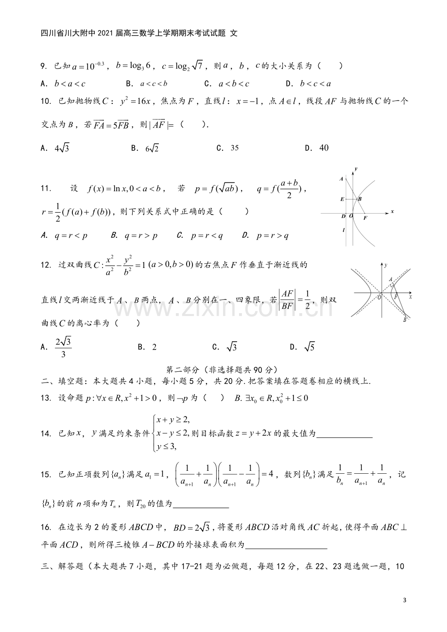 四川省川大附中2021届高三数学上学期期末考试试题-文.doc_第3页