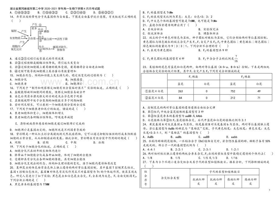 湖北省黄冈麻城市第二中学2020-2021学年高一生物下学期4月月考试题.doc_第3页