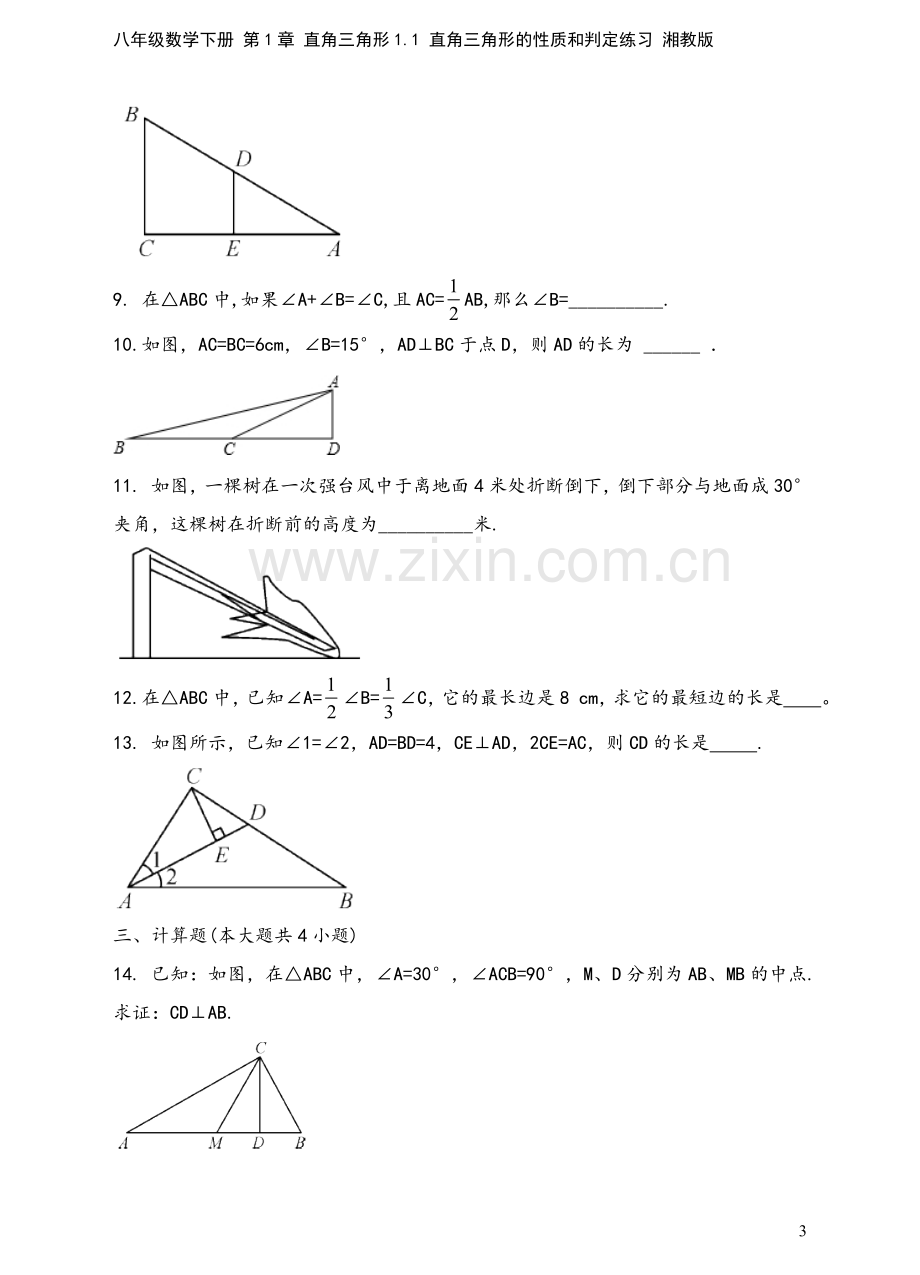 八年级数学下册-第1章-直角三角形1.1-直角三角形的性质和判定练习-湘教版.doc_第3页