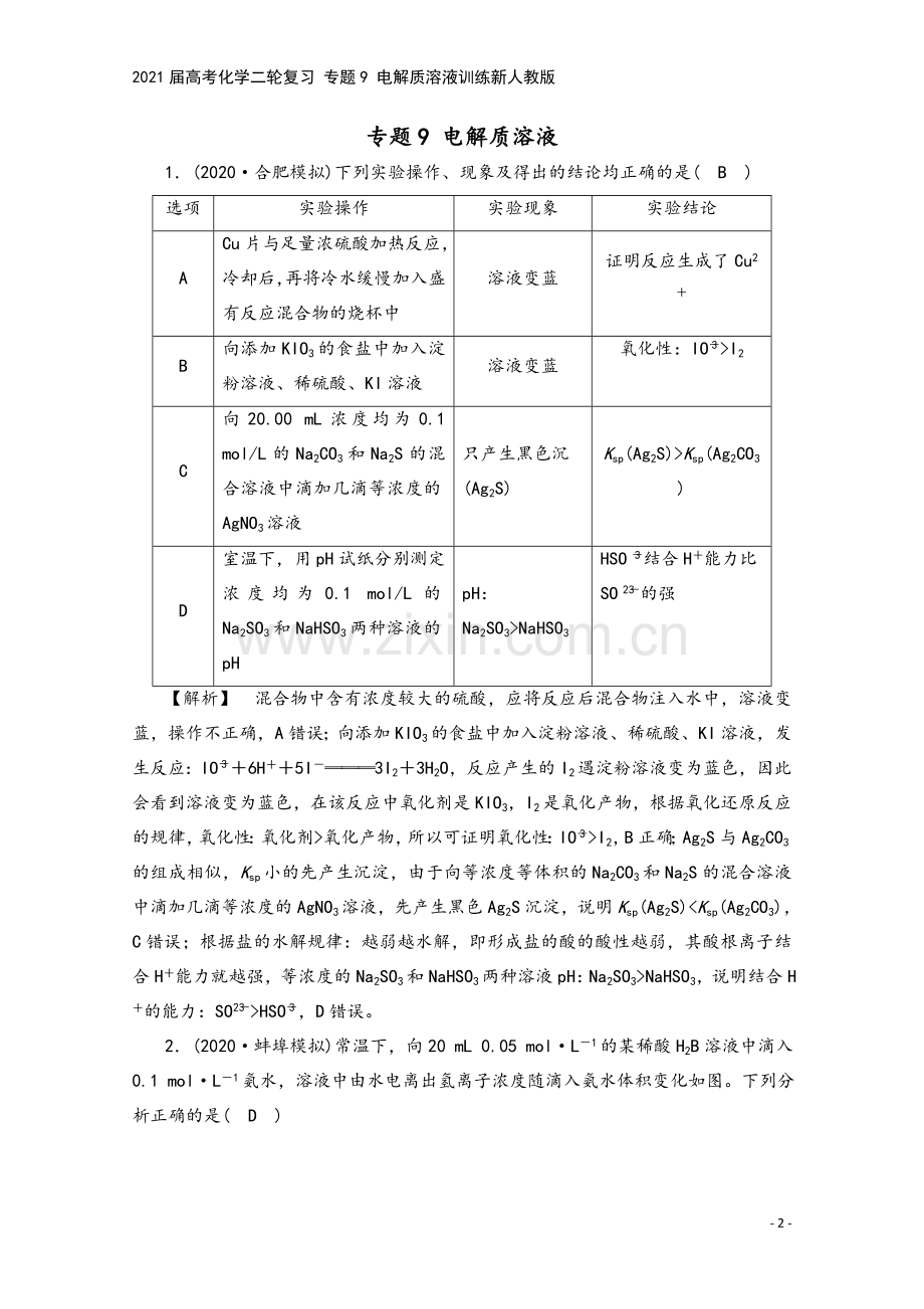 2021届高考化学二轮复习-专题9-电解质溶液训练新人教版.doc_第2页