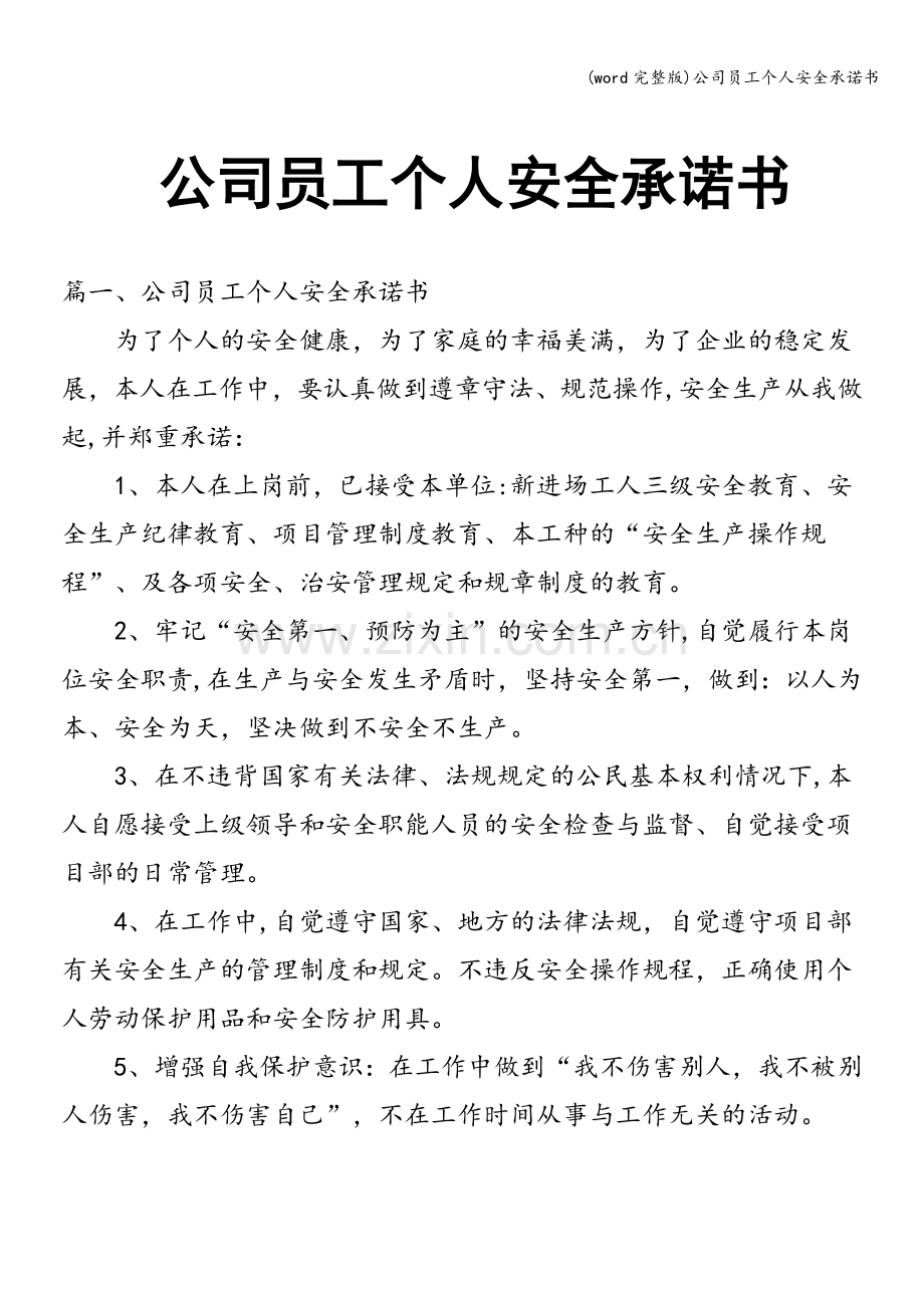 公司员工个人安全承诺书.doc_第1页