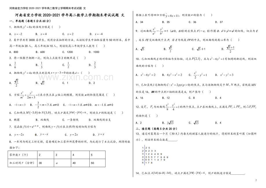 河南省宏力学校2020-2021学年高二数学上学期期末考试试题-文.doc_第2页