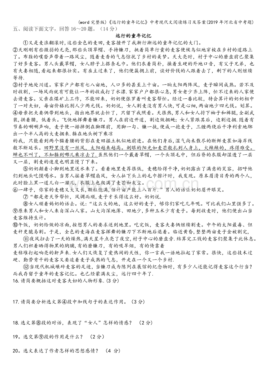 《远行的童年记忆》中考现代文阅读练习及答案(2019年河北省中考题).doc_第1页