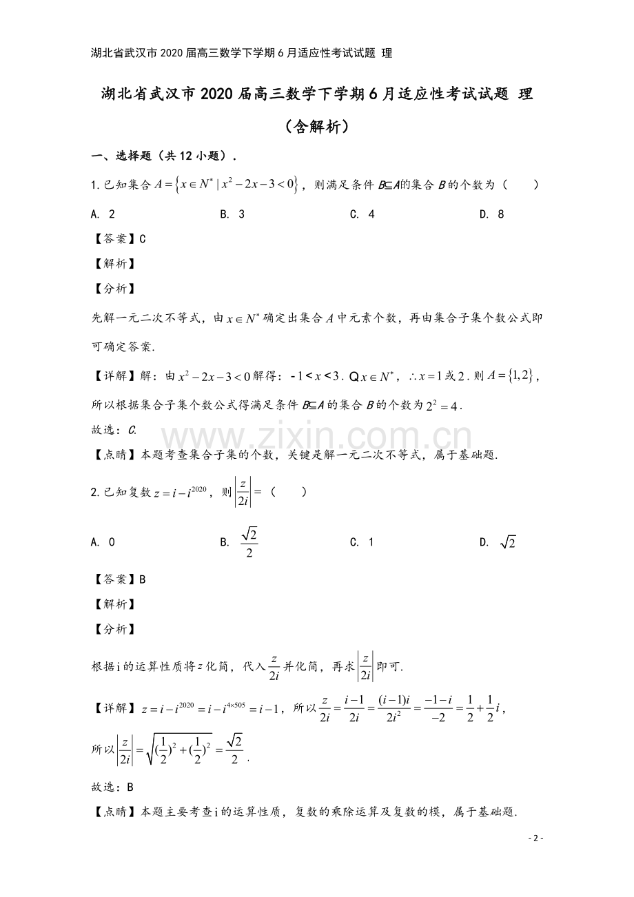 湖北省武汉市2020届高三数学下学期6月适应性考试试题-理.doc_第2页