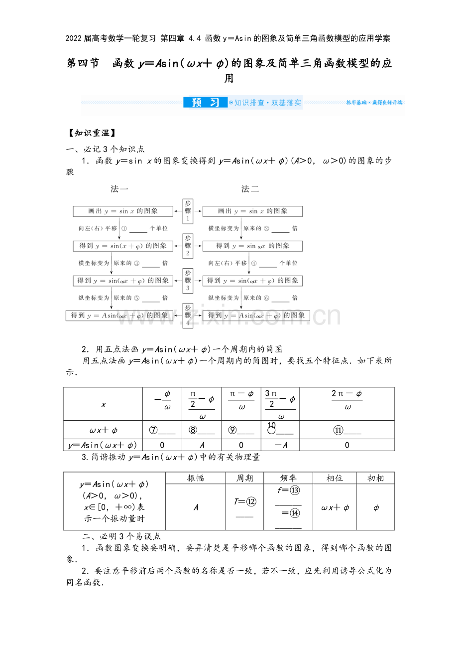 2022届高考数学一轮复习-第四章-4.4-函数y=Asin的图象及简单三角函数模型的应用学案.docx_第2页