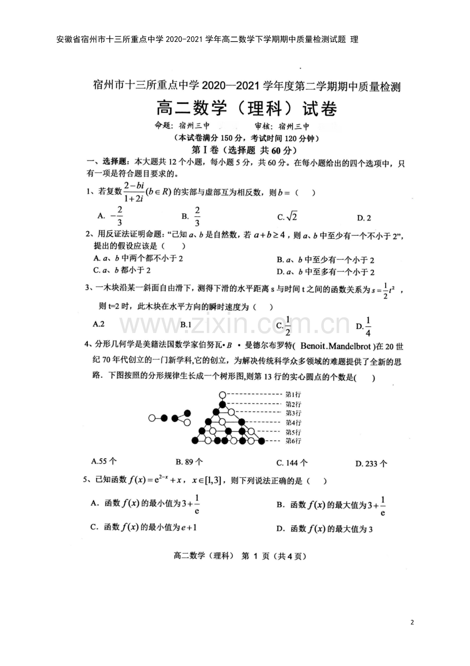 安徽省宿州市十三所重点中学2020-2021学年高二数学下学期期中质量检测试题-理.doc_第2页