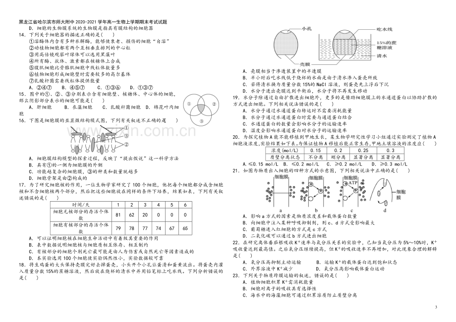 黑龙江省哈尔滨市师大附中2020-2021学年高一生物上学期期末考试试题.doc_第3页