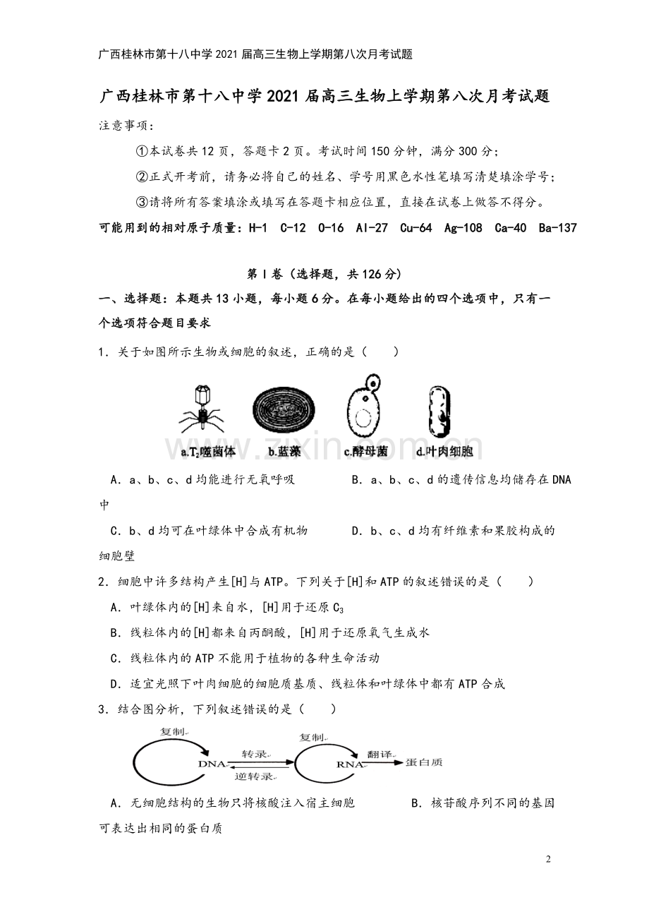 广西桂林市第十八中学2021届高三生物上学期第八次月考试题.doc_第2页