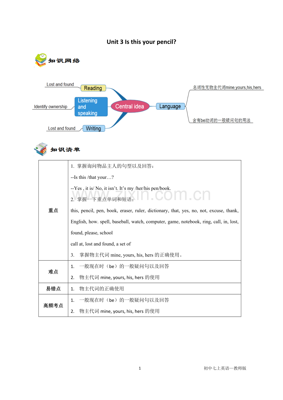 教材梳理：七上Unit3知识点+练习(含答案).pdf_第1页