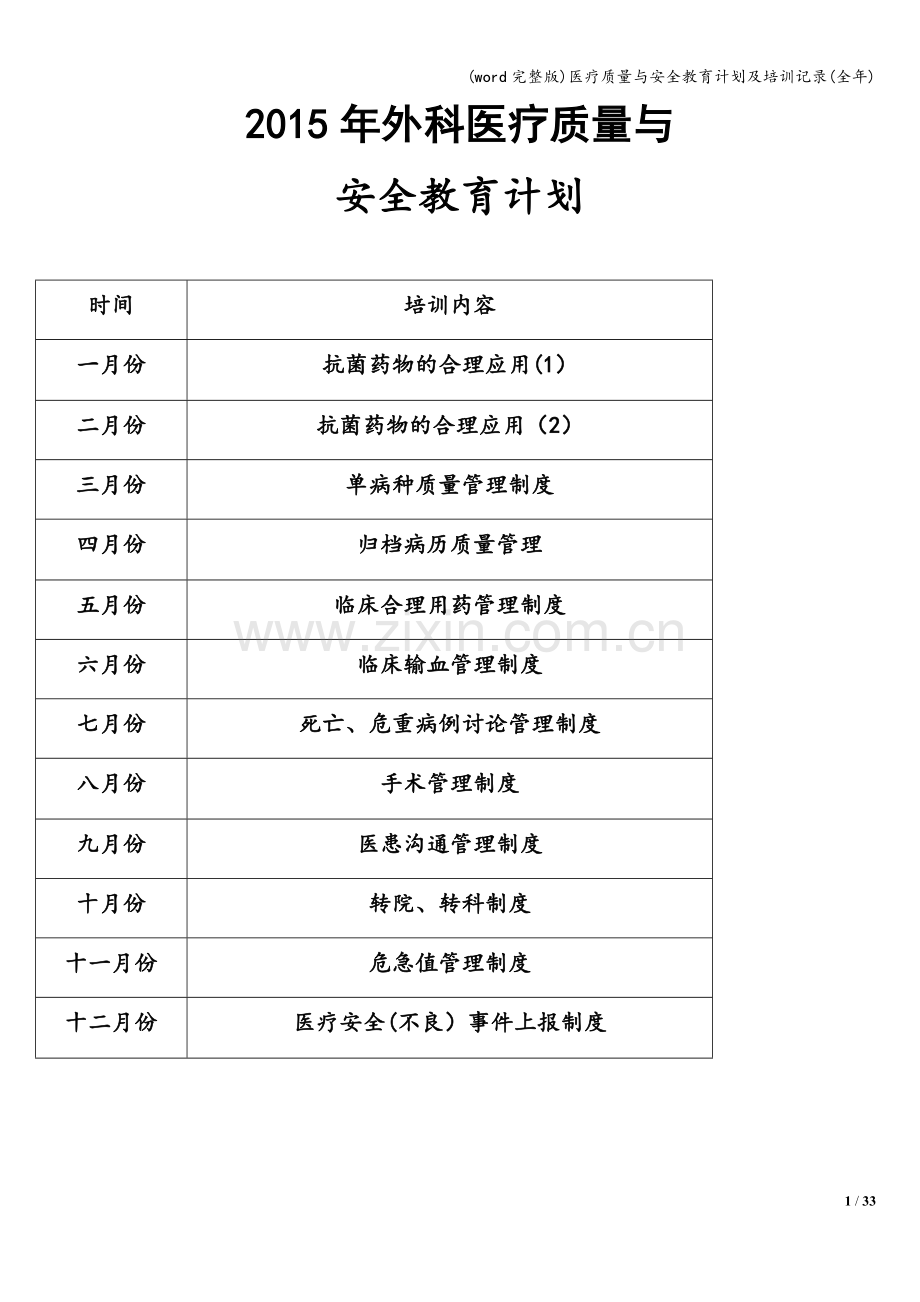 医疗质量与安全教育计划及培训记录(全年).doc_第1页