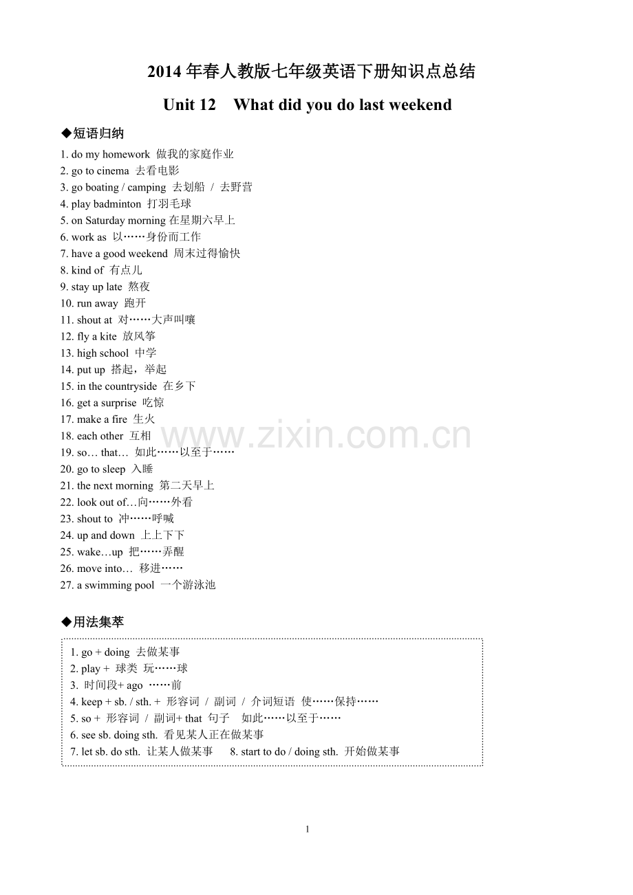 2018年春人教版七年级英语下册知识点总结：Unit-12--What-did-you-do-last-weekend.doc_第1页