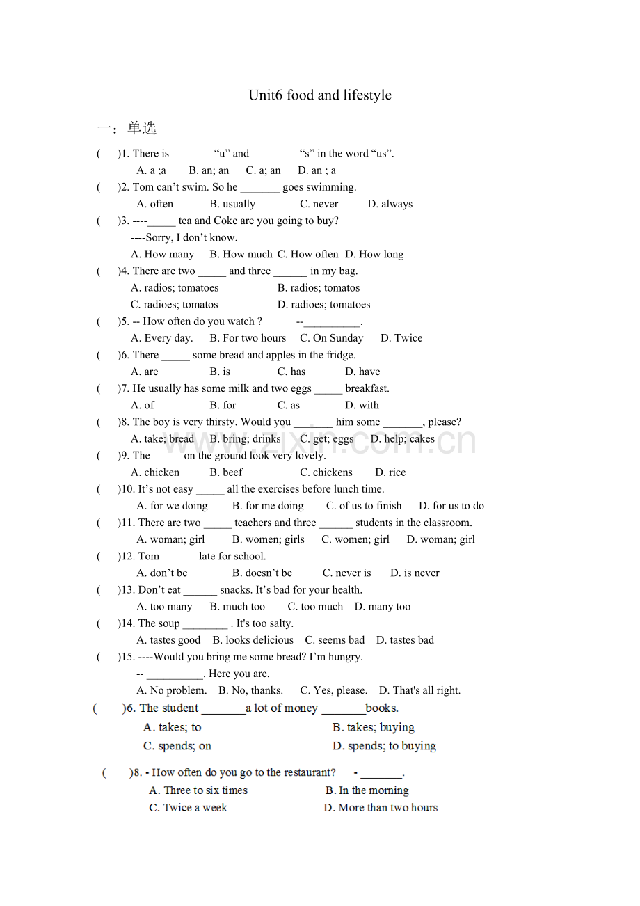 新编牛津英语7A-Unit6food-and-lifestyle单元练习.doc_第1页