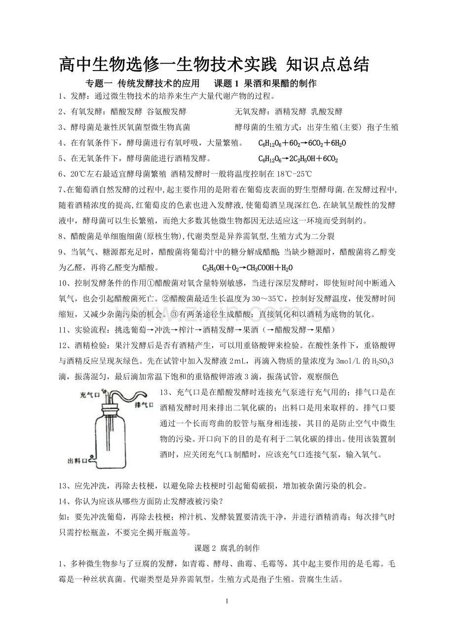 高中生物选修一生物技术实践-知识点总结.doc_第1页