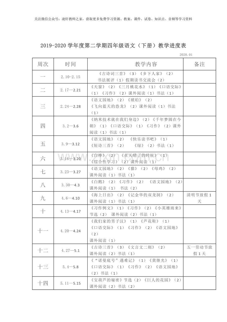 部编四年级语文(下册)教材分析和教学进度表.doc_第1页