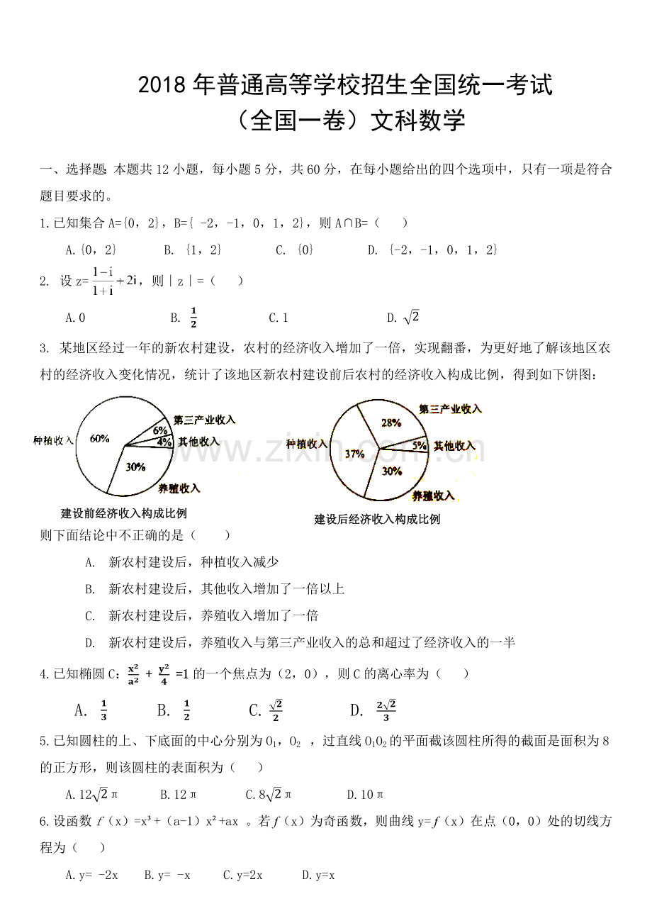 2018年高考全国1卷文科数学高考真题(精编修改直接打印).doc_第1页