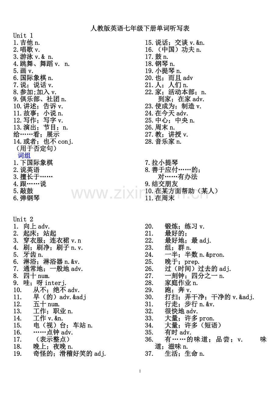 新人教版英语七年级下册单词听写表(汉语版).doc_第1页