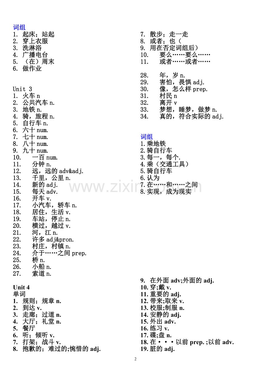 新人教版英语七年级下册单词听写表(汉语版).doc_第2页