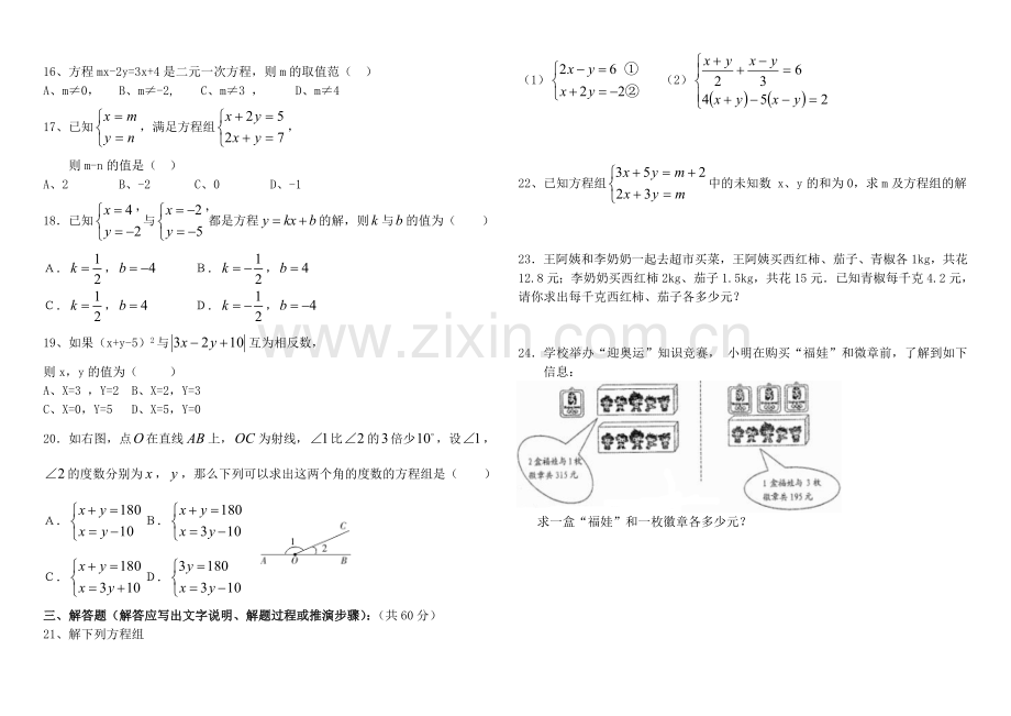 新湘教版七年级下册二元一次方程组测试题.doc_第2页