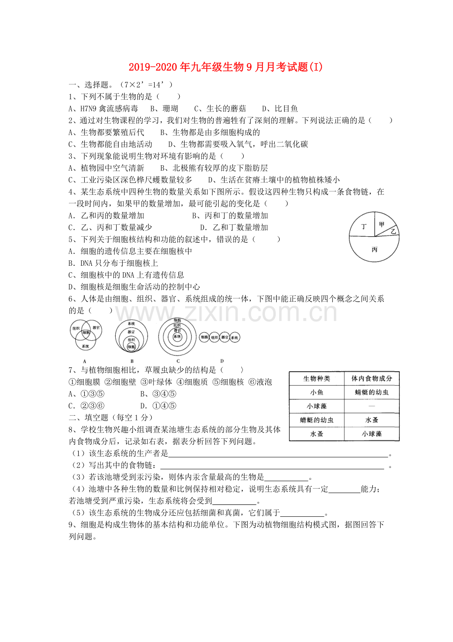 2019-2020年九年级生物9月月考试题(I).doc_第1页