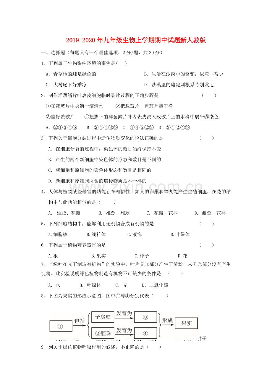 2019-2020年九年级生物上学期期中试题新人教版.doc_第1页