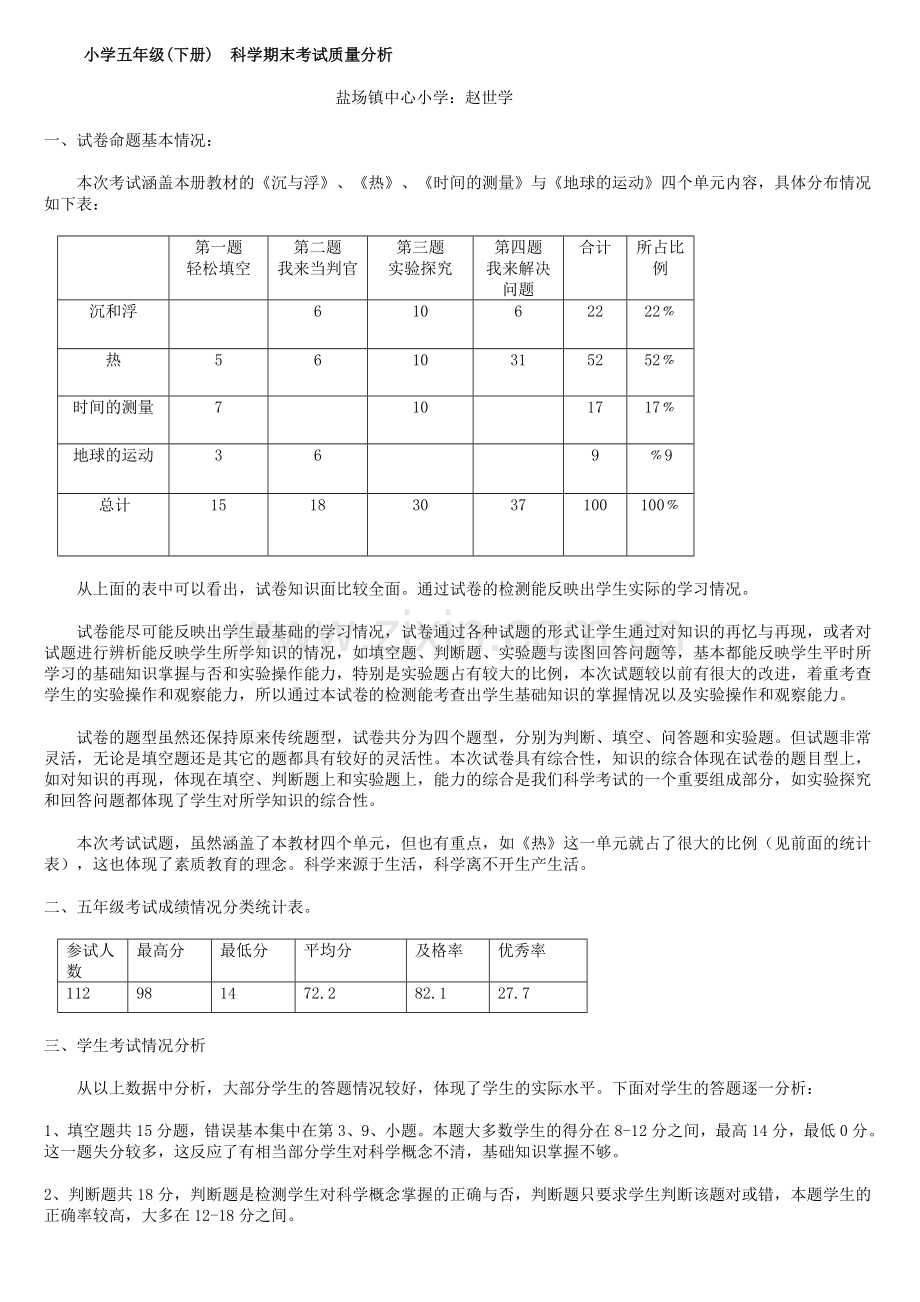 小学五年级科学质量分析.doc_第1页