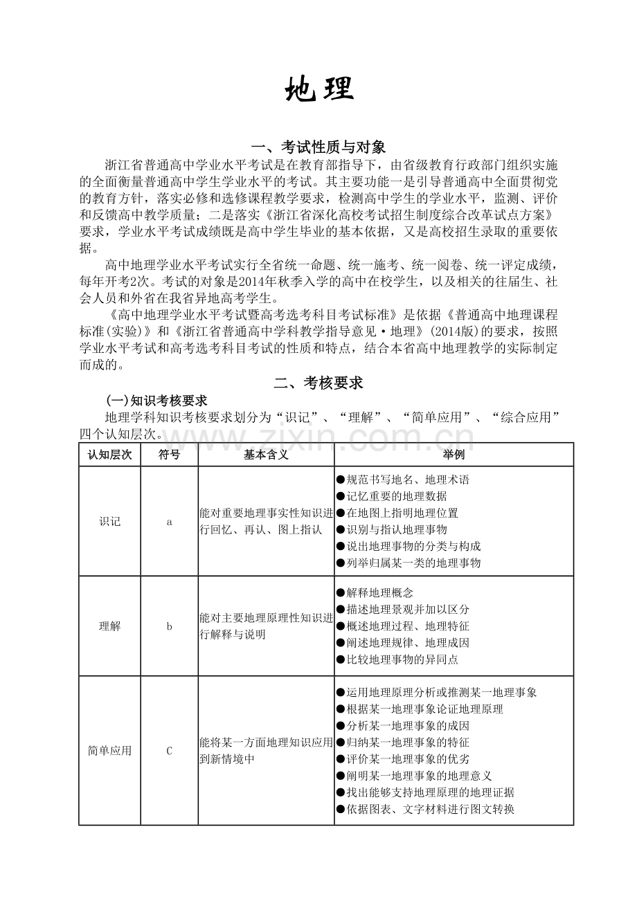 地理2017浙江新高考学考考纲考试标准word版.doc_第1页