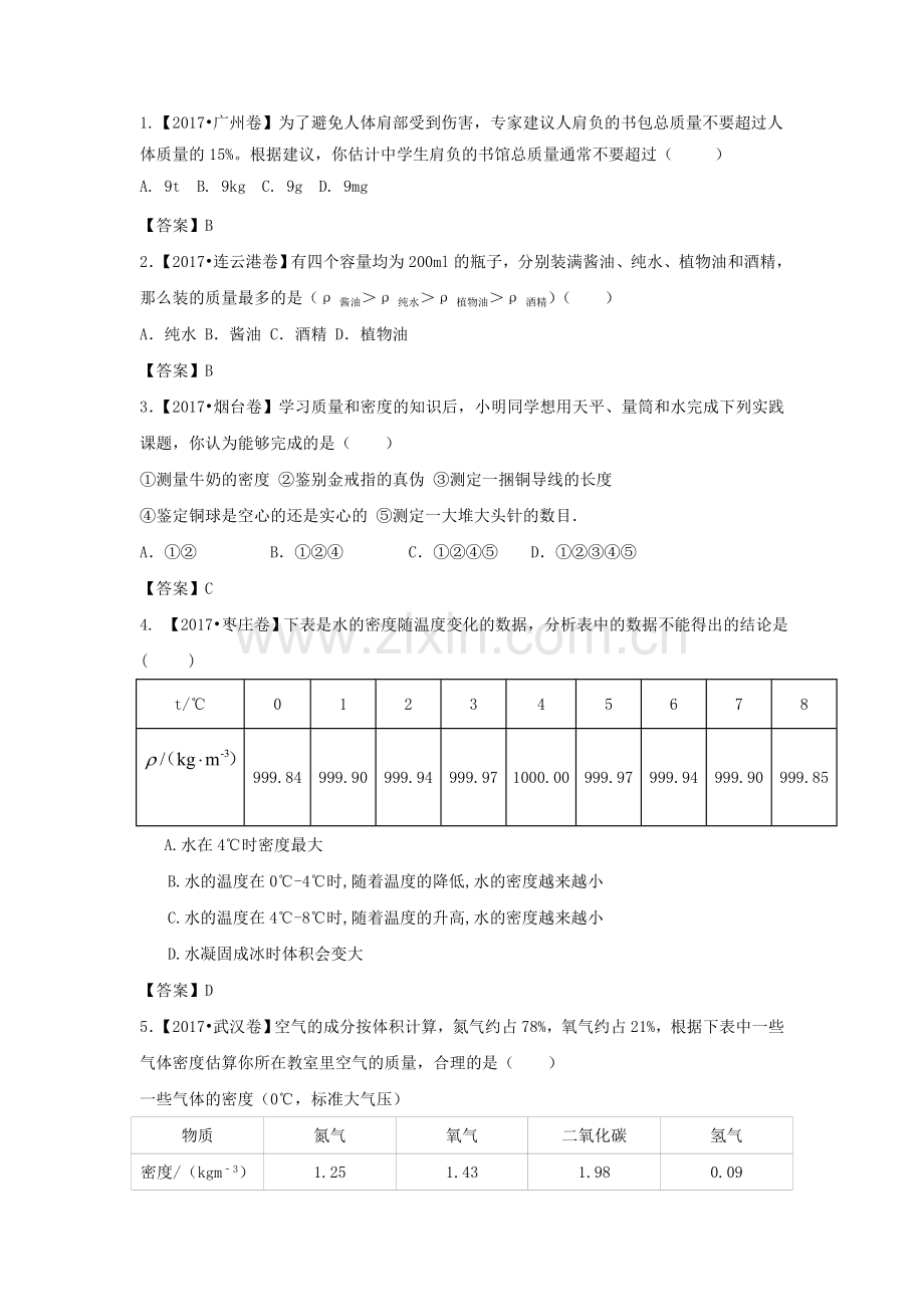 人教版八年级物理上第六章《质量和密度》2017中考试题.doc_第1页