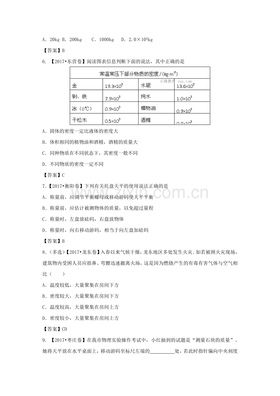 人教版八年级物理上第六章《质量和密度》2017中考试题.doc_第2页