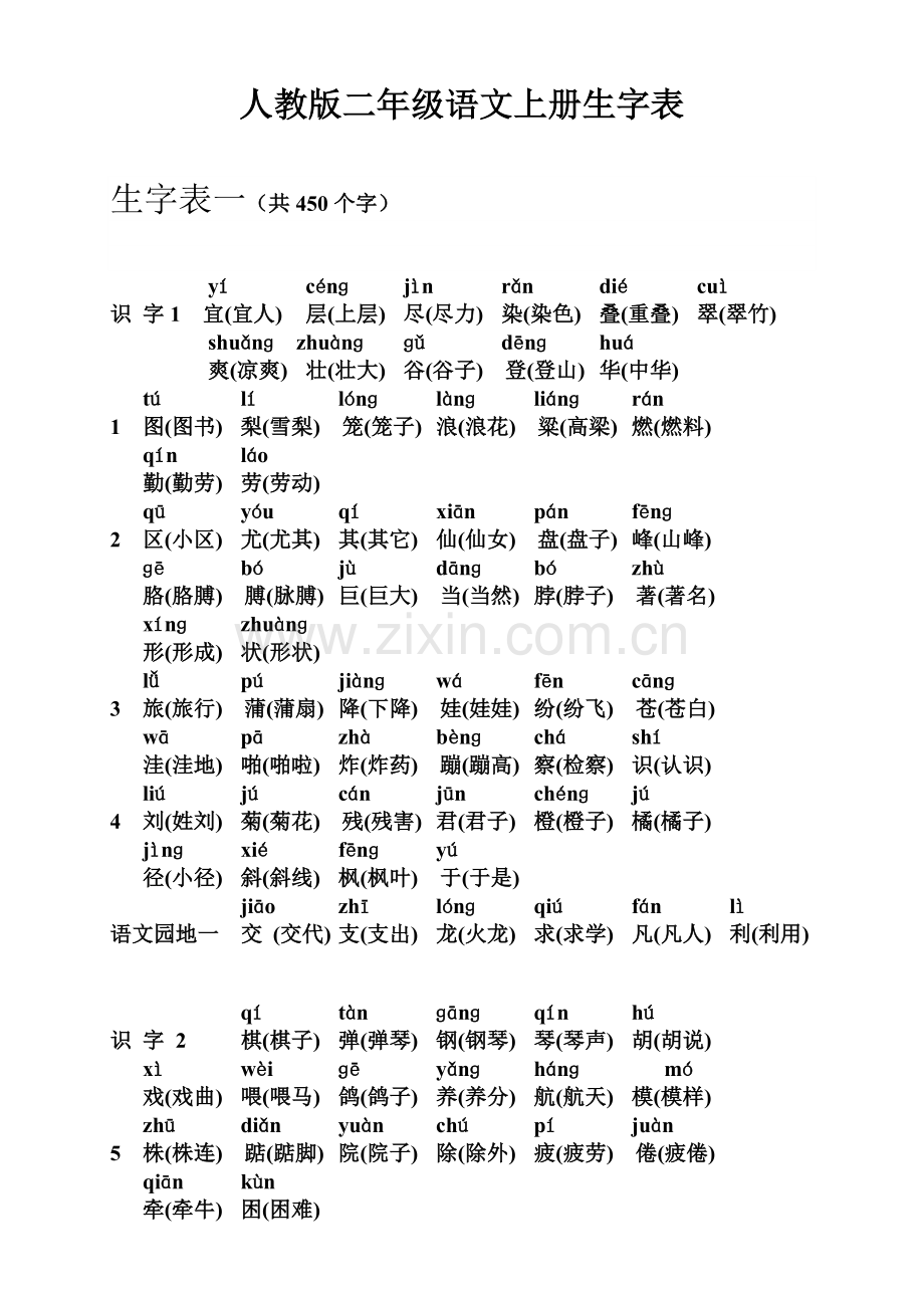 二年级语文上册生字表(带拼音及组词).doc_第1页