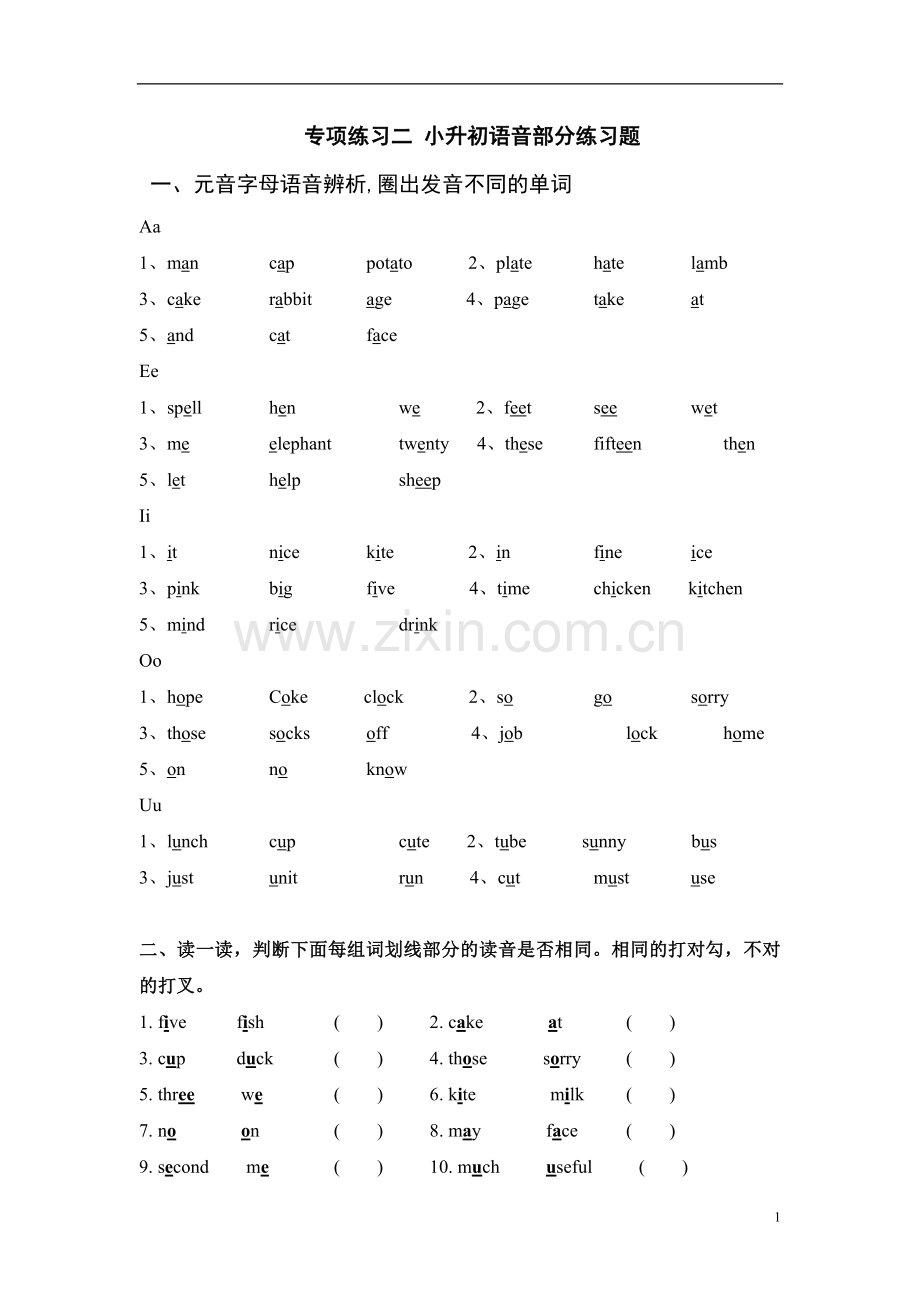 2018小升初英语语音部分练习题.doc_第1页