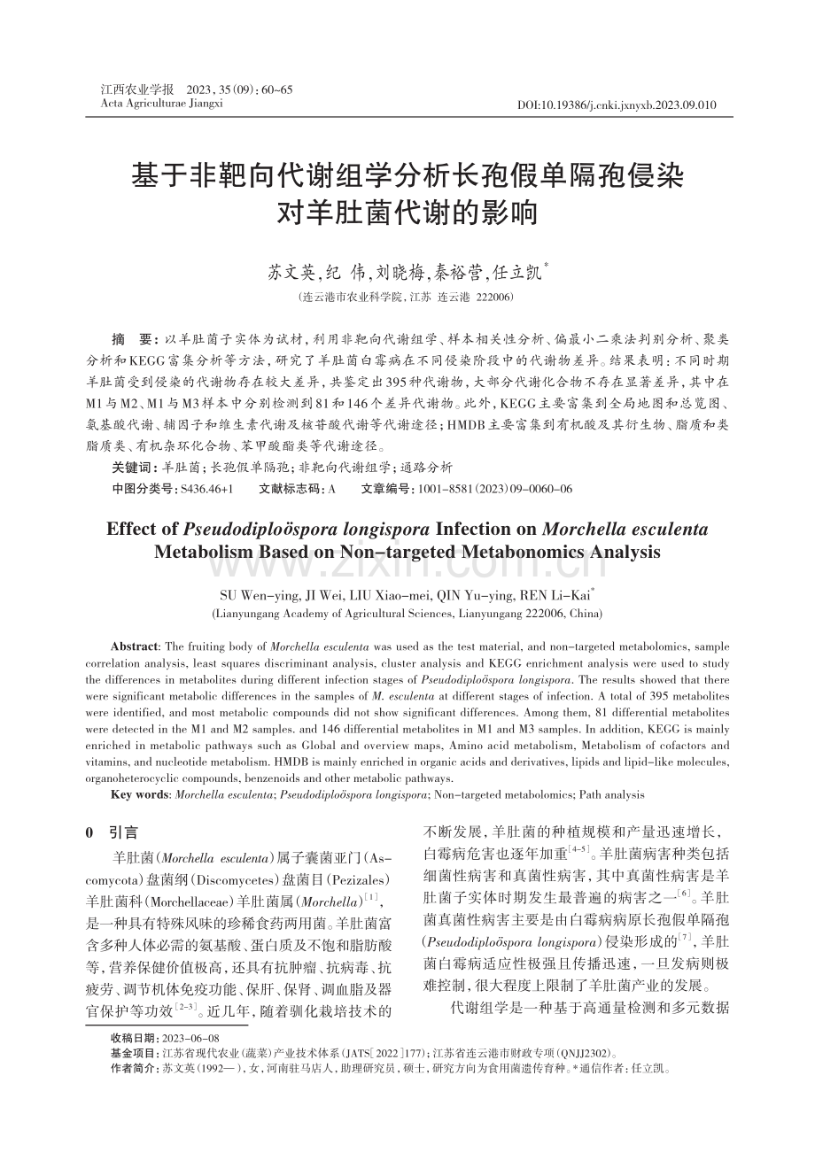 基于非靶向代谢组学分析长孢假单隔孢侵染对羊肚菌代谢的影响.pdf_第1页