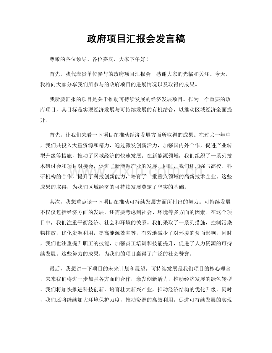 政府项目汇报会发言稿.docx_第1页