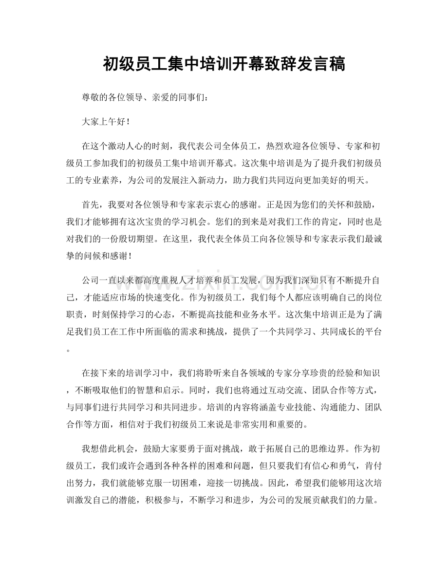 初级员工集中培训开幕致辞发言稿.docx_第1页