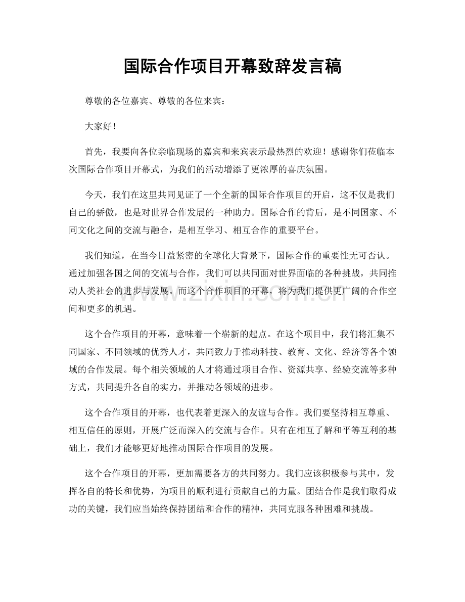 国际合作项目开幕致辞发言稿.docx_第1页