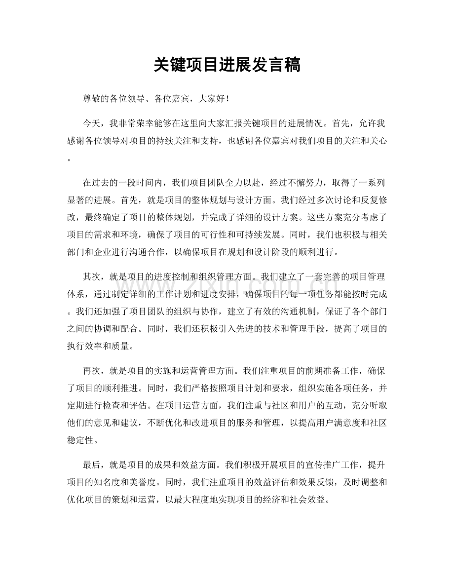 关键项目进展发言稿.docx_第1页