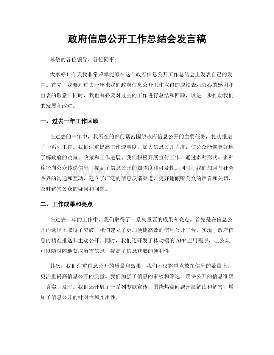 政府信息公开工作总结会发言稿.docx_第1页