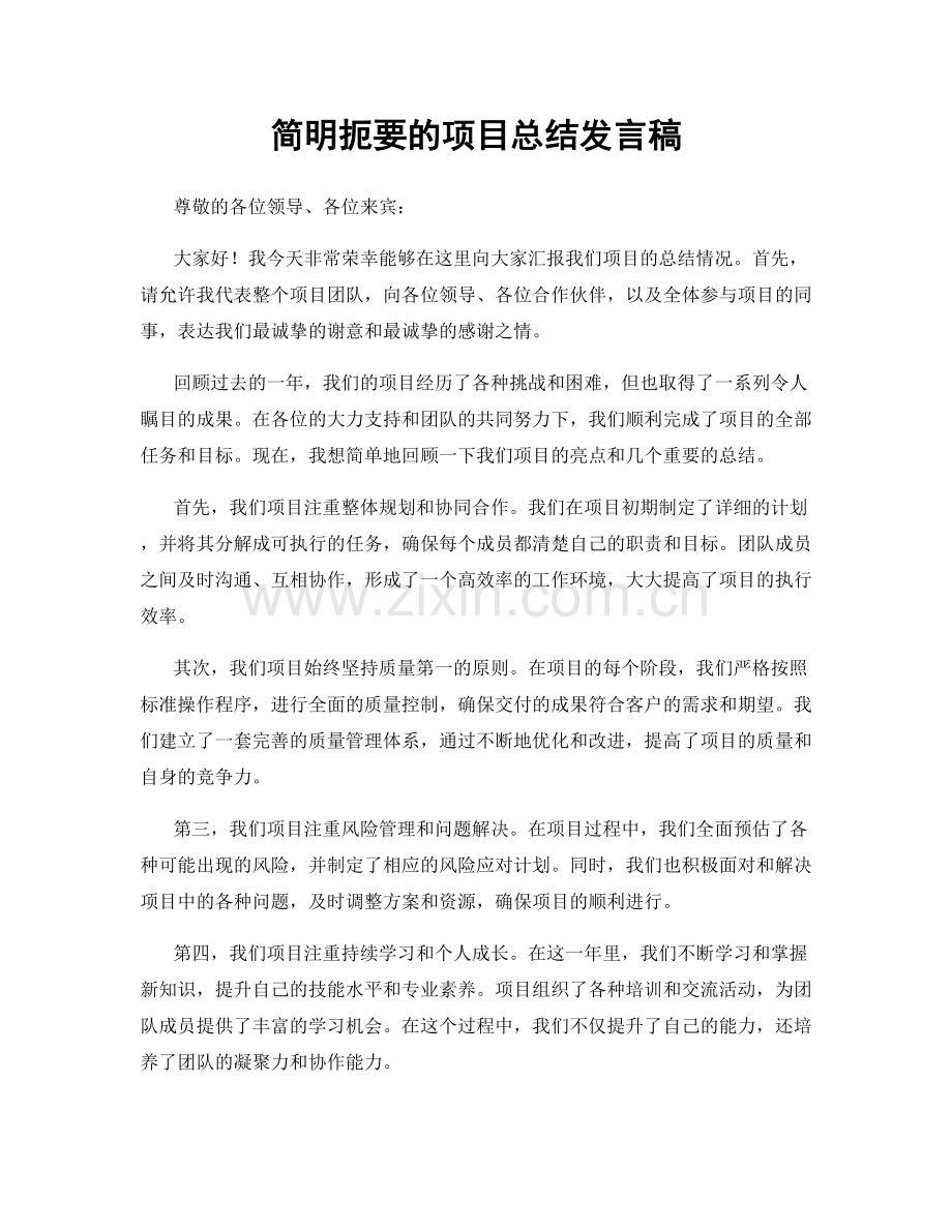 简明扼要的项目总结发言稿.docx_第1页