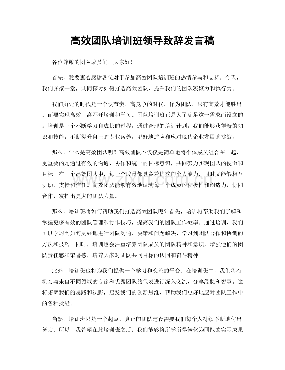 高效团队培训班领导致辞发言稿.docx_第1页