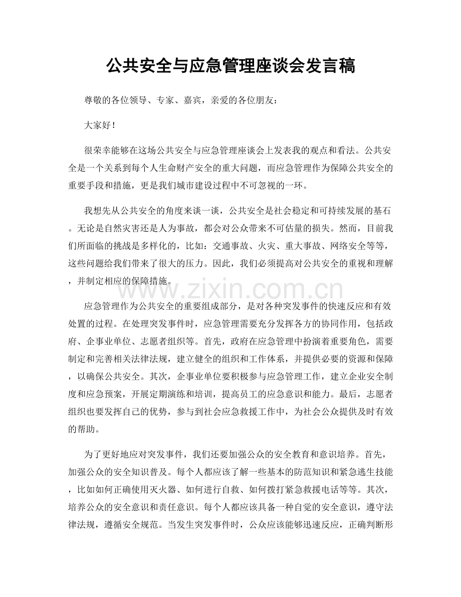 公共安全与应急管理座谈会发言稿.docx_第1页