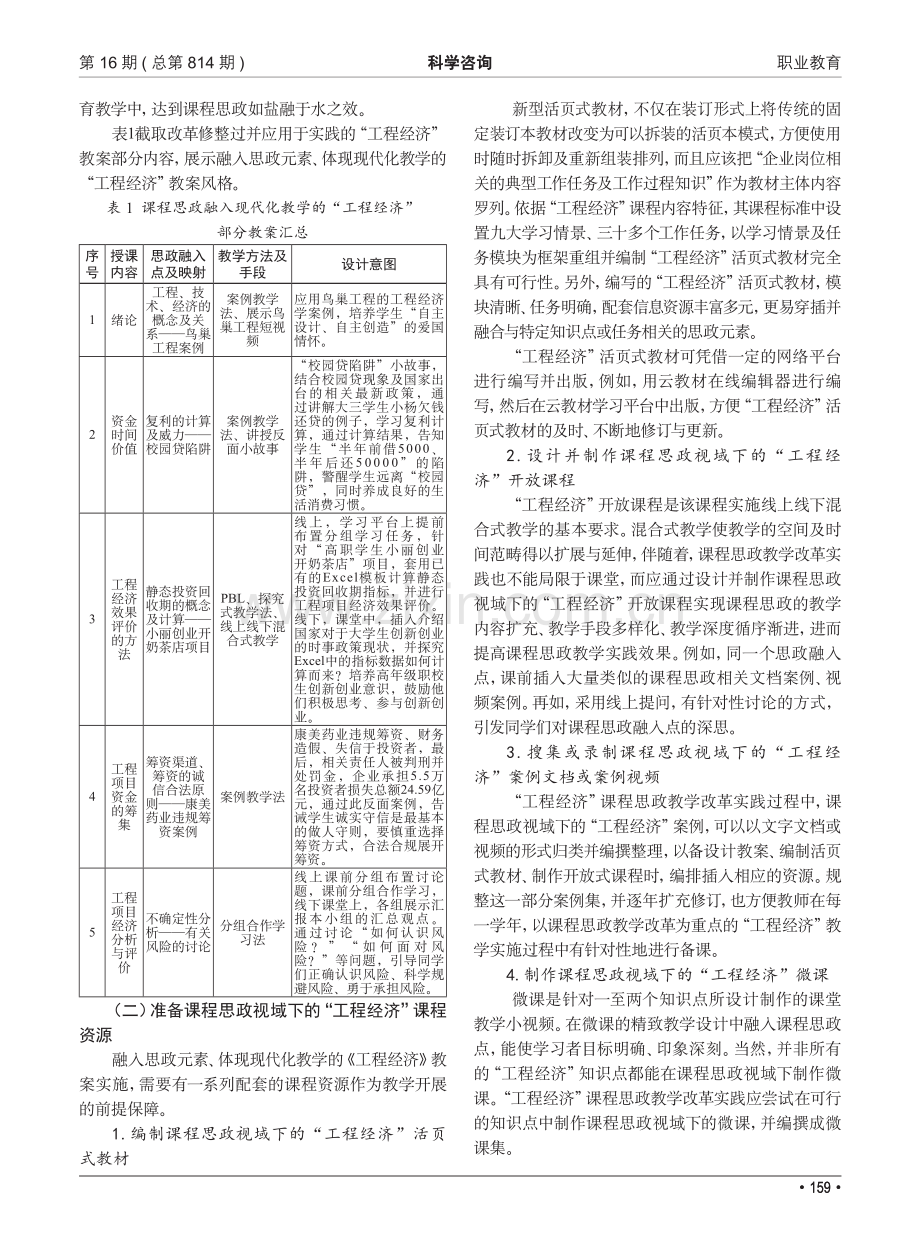 基于过程视角的职业院校专业课课程思政教学改革实践研究——以“工程经济”课程为例.pdf_第2页